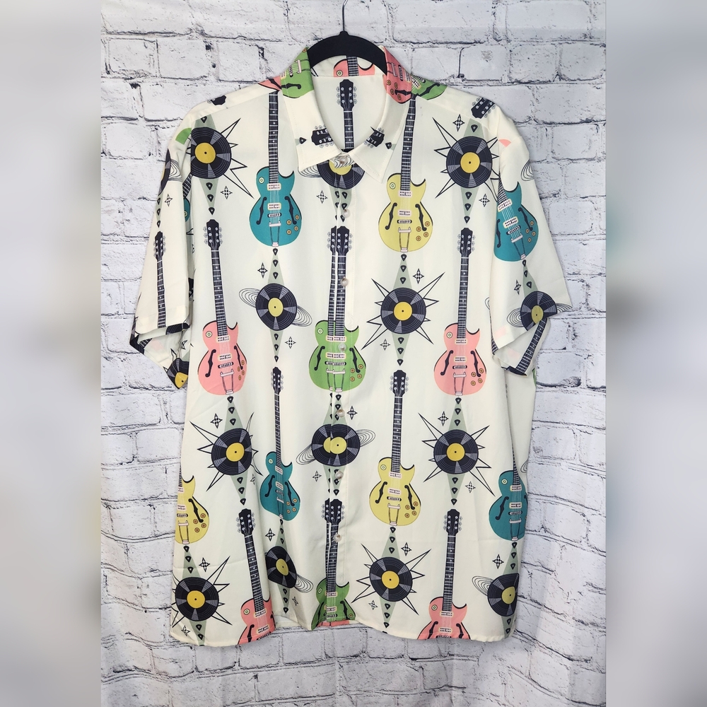 Men's Guitar Records Retro Style Short Sleeve Button Down‎ Shirt Size XL